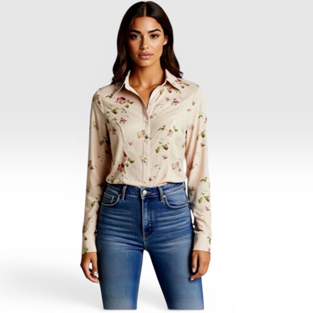 Floral Button Down Shirt - Cream and Pink